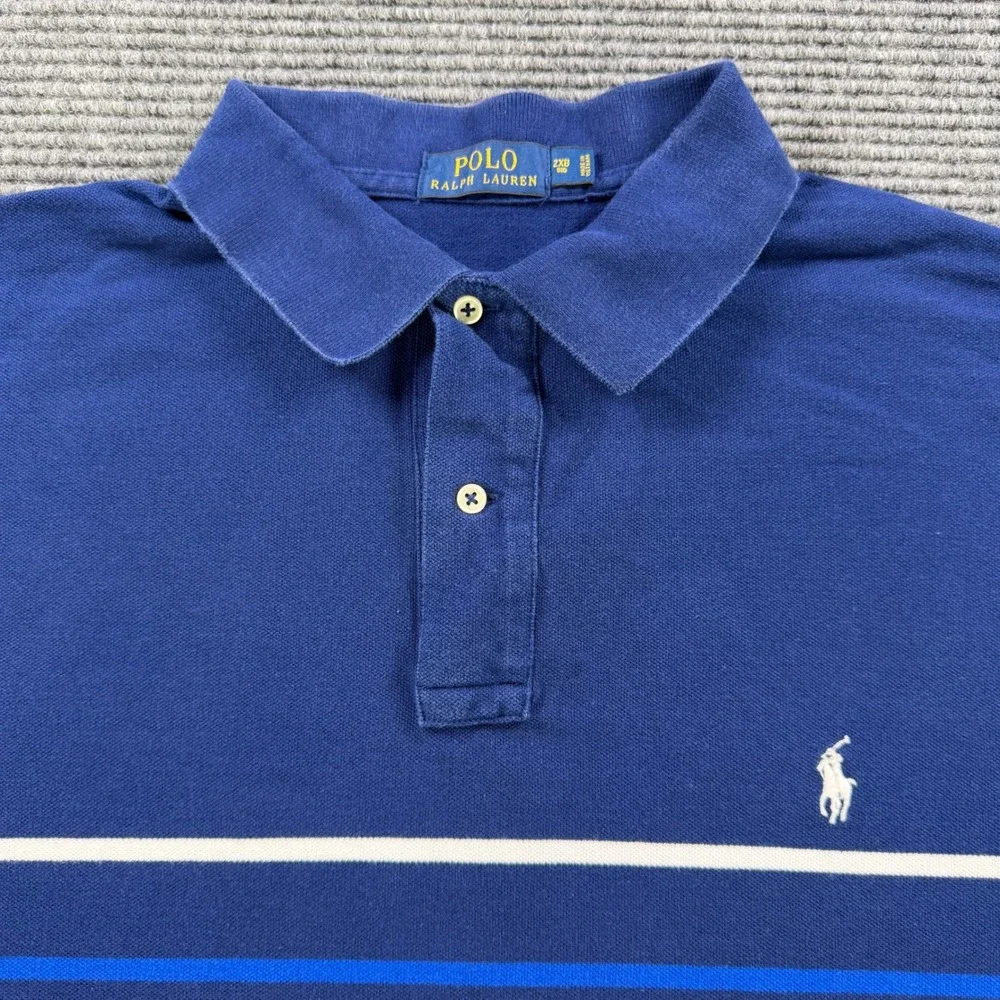 Polo Ralph Lauren Blue White Striped Short Sleeve Pique Polo Shirt Mens 2XB‎ Big